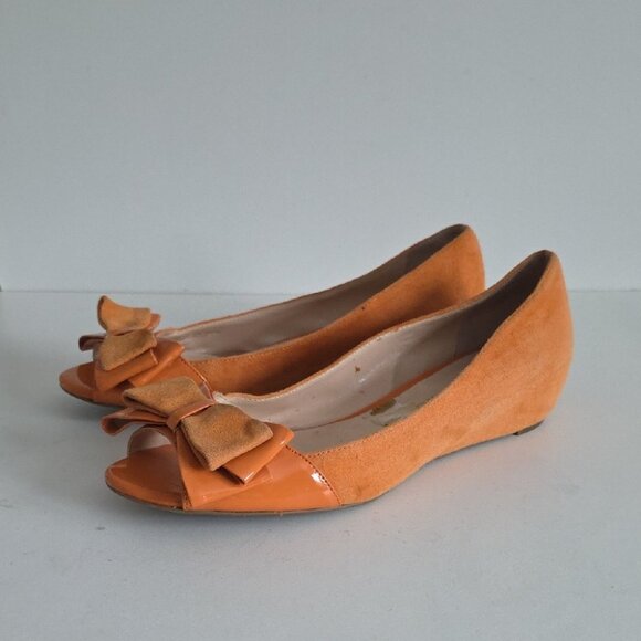FRANCO SARTO | Open Toe Flats Orange Suede Patent Lather Bow Sz 9M - Picture 1 of 6